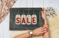Holiday Sale. Female hands with jewelry. Fashion accessories Royalty Free Stock Photo