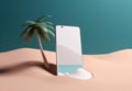 holiday sand sea phone palm up mock concept creative cyber summer. Generative AI.