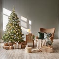 Holiday scene with playthings and a festive evergreen Royalty Free Stock Photo