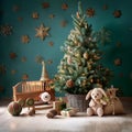 Holiday scene with playthings and a festive evergreen Royalty Free Stock Photo