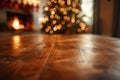 Holiday scene with a wooden table and fireplace, a Christmas tree in the background, AI-generated. Royalty Free Stock Photo