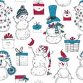 Holiday seamless background with cartoon Snowmen, gift boxes with bows and ribbons on white. Vector. Perfect for invitations, Royalty Free Stock Photo