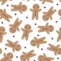 Holiday seamless pattern with cartoon gingerbread man, decorative elements. Merry Christmas. Colorful vector, flat style. Royalty Free Stock Photo