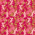 Holiday Seamless pattern with cute angels and pink roses flowers Royalty Free Stock Photo