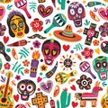 Holiday seamless pattern decorated by Mexican skulls, pepper, pinata, cross, candle, maracas, guitar, sombrero, cactus Royalty Free Stock Photo