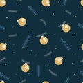Holiday seamless pattern design with golden christmas balls and blue fir branches on dark background Royalty Free Stock Photo