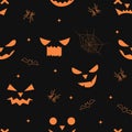 Seamless black and orange Halloween pattern. Jack o lantern smile, bat and spider on black background
