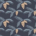 Holiday seamless pattern with hand drawn fir tree branch and cone isolated on dark blue  background Royalty Free Stock Photo