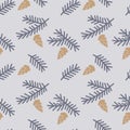 Holiday seamless pattern with hand drawn fir tree branch and cone isolated on gray  background. Royalty Free Stock Photo