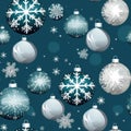 Holiday seamless pattern made of Christmas balls and white snowflakes on sea wave color background. Royalty Free Stock Photo