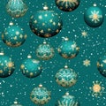 Holiday seamless pattern made of patterned Christmas balls in wurquoise with gold colors. Royalty Free Stock Photo