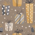 Holiday seamless pattern with minimalistic gift boxes and snowflakes. Trendy winter vector background for wrapping paper Royalty Free Stock Photo