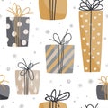 Holiday seamless pattern with minimalistic gift boxes and snowflakes. Trendy winter vector background for wrapping paper Royalty Free Stock Photo