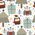 Holiday seamless pattern with penguin, owl, christmas tree, present, decorative elements. Colorful vector, flat style. hand drawin Royalty Free Stock Photo