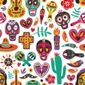 Holiday seamless pattern with traditional Day Of The Dead decorations on white background. Festive backdrop. Motley flat