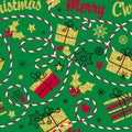 Holiday seamless pattern. Winter background for wrapping paper and cards with golden shining snowflakes, a Christmas tree, gifts.