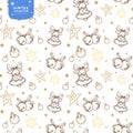 Holiday seamless pattern with bells, Christmas balls and stars in golden colors on white background Royalty Free Stock Photo