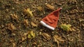 Holiday season is coming soon. A conceptual background photo of Santa Claus hat on yellow leaves in fall. Last day of autumn and