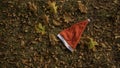 Holiday season is coming soon. A conceptual background photo of Santa Claus hat on yellow leaves in fall. Last day of autumn and