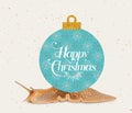 Contemporary art collage of snail carrying Christmas tree decorattion isolated over white background. Merry Christmas Royalty Free Stock Photo