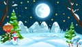 Christmas winter night snow landscape, x-mas woodland snowdrift vector background, full moon, star. Royalty Free Stock Photo