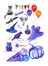 Holiday set for Halloween, black cat, bat, balls, Ghost, hat, pumpkin, eye, owl, crow, ice cream with skulls, potion.Watercolor