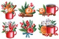 Holiday set with a red cup, spruce branches, red berries, orange, cinnamon and apple, hand drawn watercolor painting, Royalty Free Stock Photo