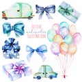 Holiday set of watercolor gift box, air balloons, cars, bows, wine glasses in blue shadows Royalty Free Stock Photo