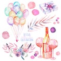 Holiday set of watercolor gift box, air balloons, champagne bottles, wine glasses and floral elements in pink and purple shadows Royalty Free Stock Photo