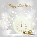 Holiday shine light Background and festive baubles. New Year Midnight on the Clock. Royalty Free Stock Photo