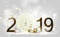 Holiday shine light Background and festive baubles. New Year Midnight on the Clock 2019. Royalty Free Stock Photo