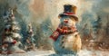 holiday snowman art, charming watercolor of a cheerful snowman in a top hat and striped scarf, with snowflakes and pine
