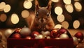 In the holiday spirit, a squirrel rests on a box full of ornaments Royalty Free Stock Photo