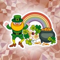 Holiday square label with shamrock, rainbow, leprechaun and a pot of gold on a mosaic background.