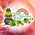 Holiday square label with shamrock, rainbow, leprechaun and a pot of gold on a mosaic background.