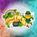 Holiday square label with shamrock, rainbow, leprechaun and a pot of gold on a mosaic background.