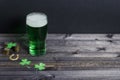 Holiday St. Patrick`s Day. Green beer with clover and horseshoe on a dark wooden background with copy space Royalty Free Stock Photo