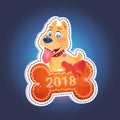 Holiday Sticker Dog On Bone With 2018 Text On Blue Background New Year Symbol