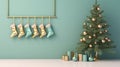 Holiday Stockings With Decorations On Wooden Rack And Turquoise Tree Royalty Free Stock Photo