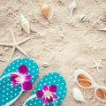 Holiday summer concept with sandals and sunglasses and shells on beach