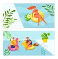 Holiday summer relax in water pool, vacation travel vector illustration. Girl woman man sunbathing at beach, people Royalty Free Stock Photo