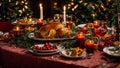 Holiday table different Christmas snacks celebration lunch cuisine appetizer decoration gourmet