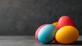 holiday table setting, colorful easter eggs artfully displayed on a rustic table in a modern kitchen, perfect for adding Royalty Free Stock Photo