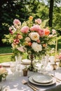 Holiday tablescape, formal dinner table setting, peony flowers table scape with peonies decoration for wedding party and event Royalty Free Stock Photo