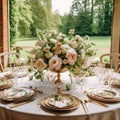 Holiday tablescape, formal dinner table setting, peony flowers table scape with peonies decoration for wedding party and event Royalty Free Stock Photo