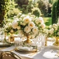 Holiday tablescape, formal dinner table setting, peony flowers table scape with peonies decoration for wedding party and event Royalty Free Stock Photo