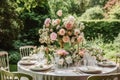 Holiday tablescape, formal dinner table setting, peony flowers table scape with peonies decoration for wedding party and event Royalty Free Stock Photo