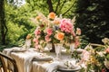 Holiday tablescape, formal dinner table setting, peony flowers table scape with peonies decoration for wedding party and event Royalty Free Stock Photo