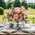 Holiday tablescape, formal dinner table setting, peony flowers table scape with peonies decoration for wedding party and event Royalty Free Stock Photo