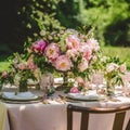 Holiday tablescape, formal dinner table setting, peony flowers table scape with peonies decoration for wedding party and event Royalty Free Stock Photo